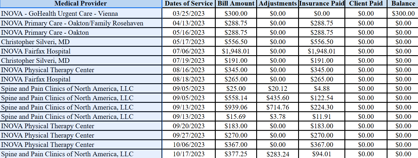 Detailed medical billing summary report showing provider charges and insurance adjustments