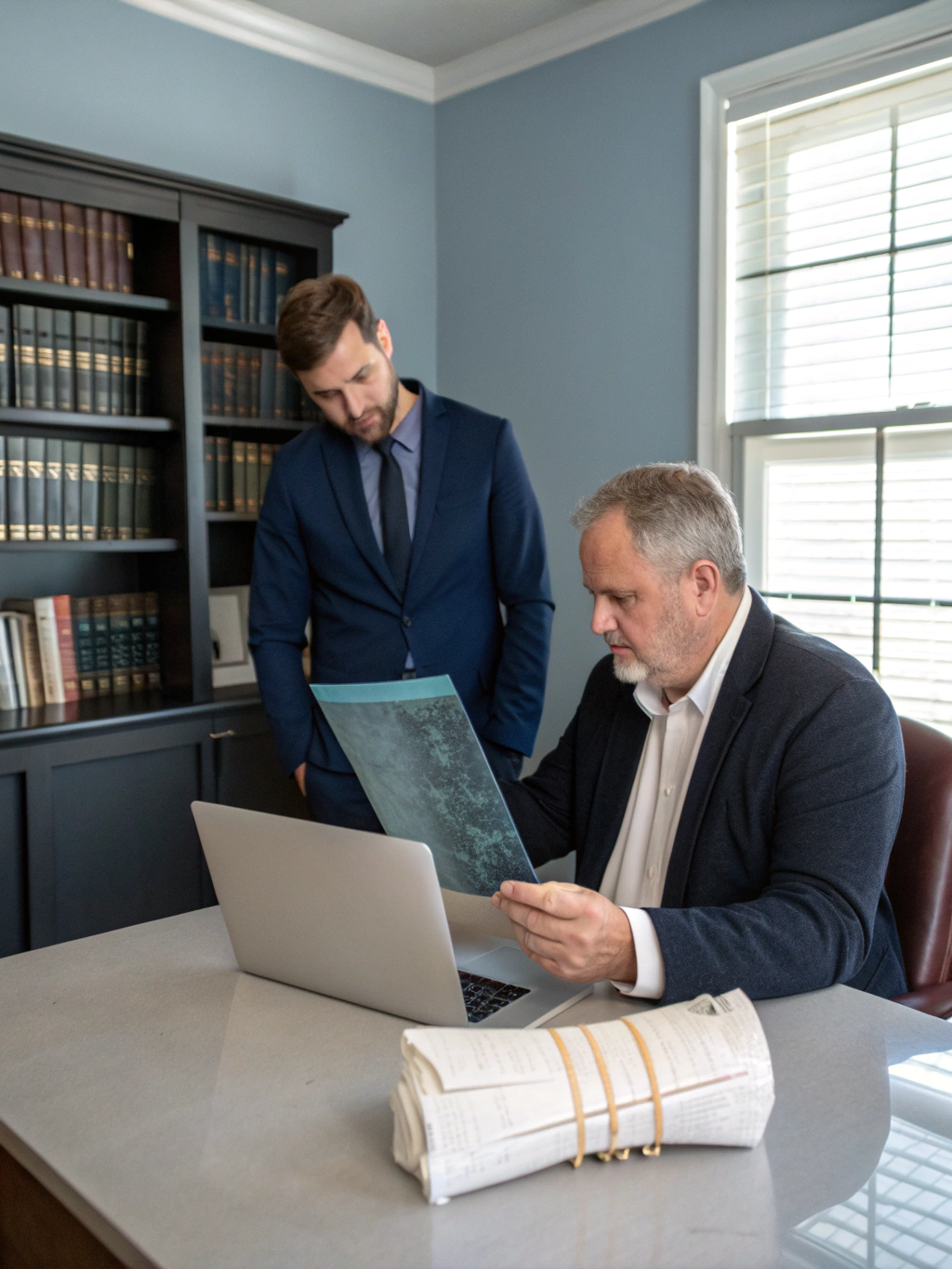 Professional attorney reviewing medical records in a modern office setting